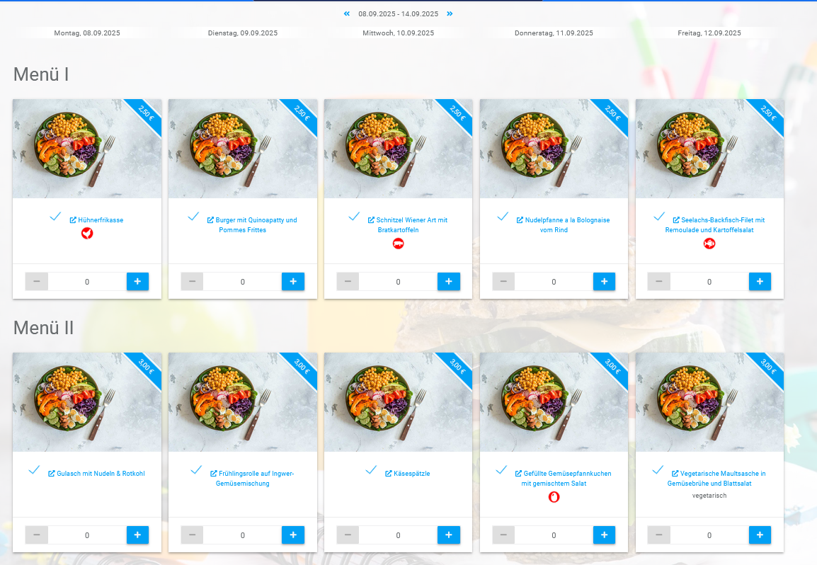 WebMenü Speiseplan - Menüauswahl Interface